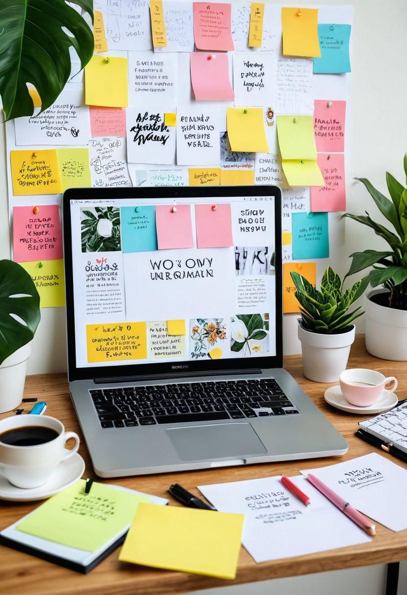 A creative workspace featuring a laptop with an open blog post, surrounded by colorful notes, coffee cups, and a potted plant, symbolizing the journey from ideas to impactful content. Include a vision board in the background with inspiring quotes and visuals related to lifestyle blogging. Bright and inviting atmosphere that encourages creativity and productivity. super-realistic. vibrant colors. warm tones.