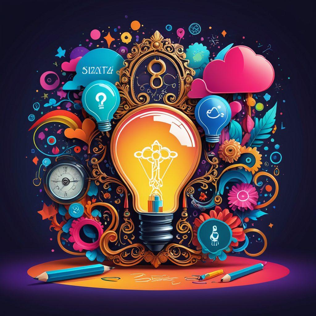 A whimsical digital diary bursting with creativity, featuring an ornate key symbolizing unlocking potential, surrounded by vibrant blog icons like a pencil, camera, and computer. In the background, a glowing light bulb represents ideas illuminated, with colorful thought bubbles emerging. The style should be playful and engaging. vector art. vibrant colors.
