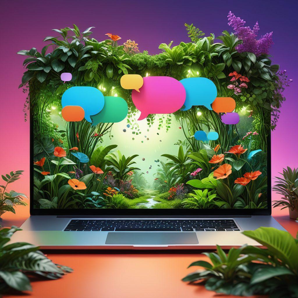 A vibrant digital landscape featuring an open laptop surrounded by diverse people engaging in discussions, sharing ideas, and collaborating. Include elements symbolizing growth like blooming plants, interconnected nodes, and colorful speech bubbles to represent communication within the Goorg community. The background should suggest a harmonious blend of nature and technology, emphasizing connectivity. super-realistic. vibrant colors. 3D.
